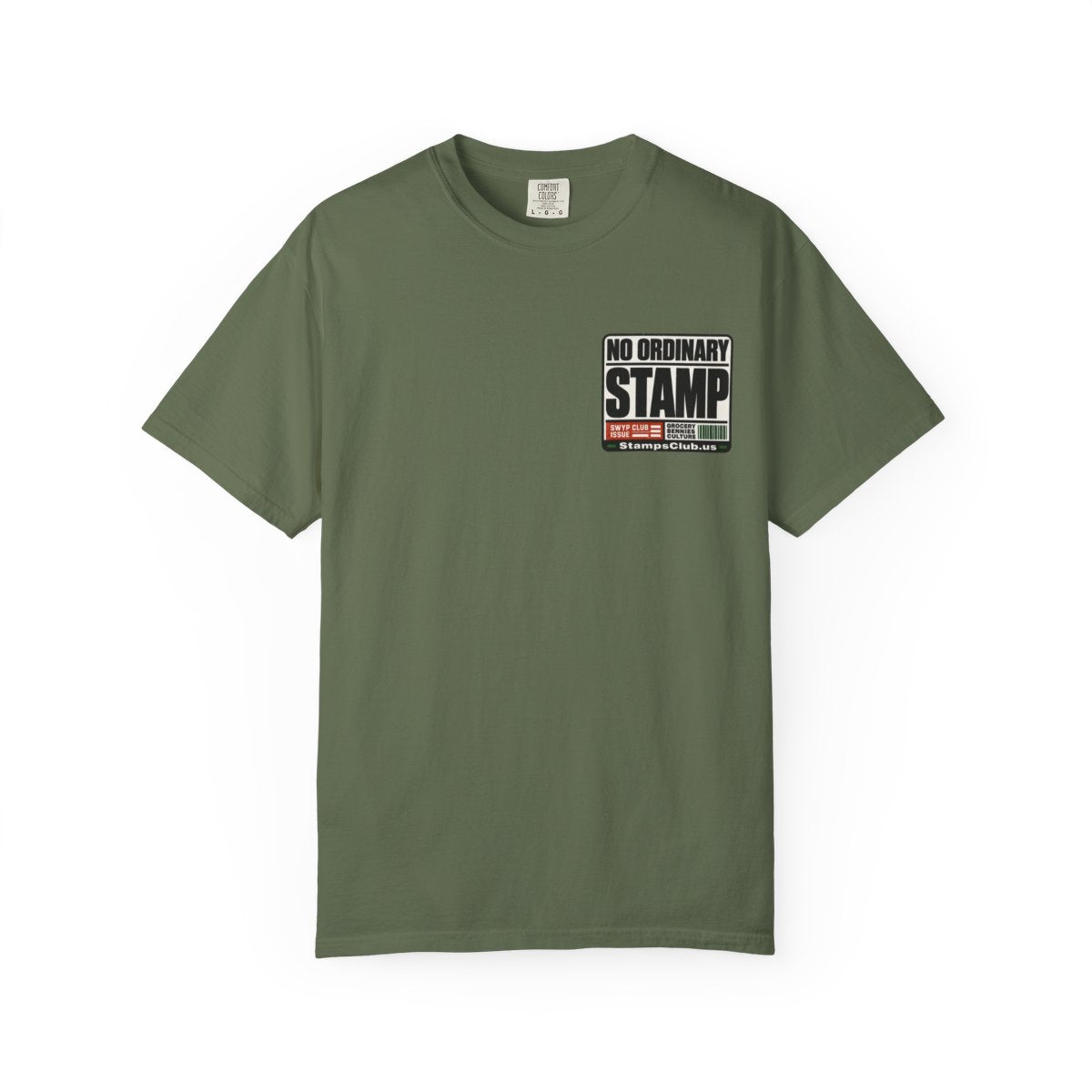 No Ordinary Stamp Minimalist Tee Sage front mockup
