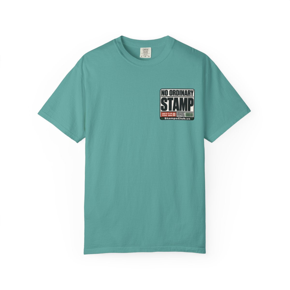 No Ordinary Stamp Minimalist Tee Seafoam front mockup