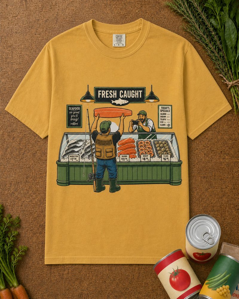 Fresh Caught Tee Mustard in-context mockup