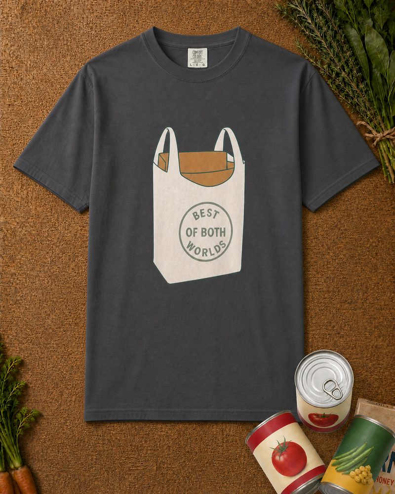 Paper in Plastic Tee Graphite in-context mockup