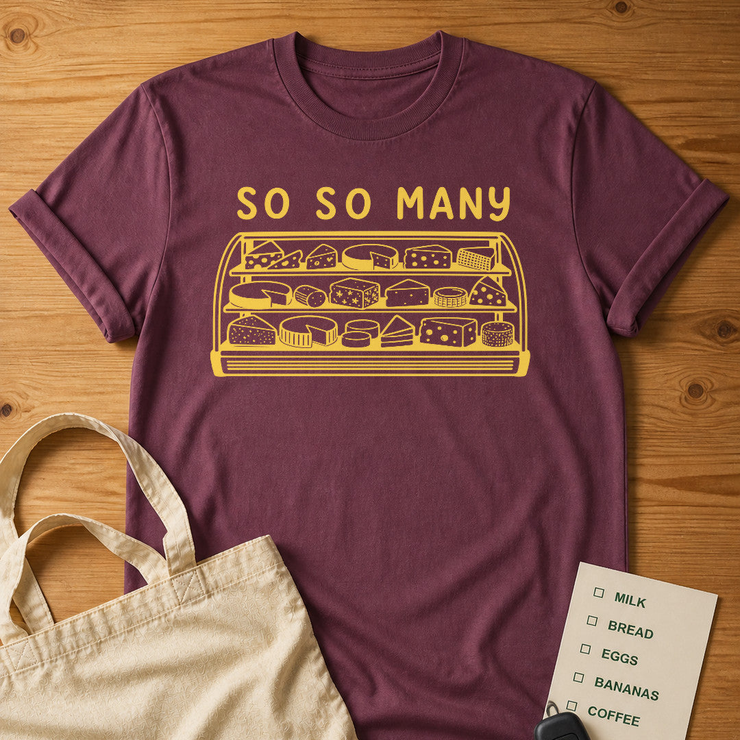 So So Many Cheeses Tee Berry product mockup