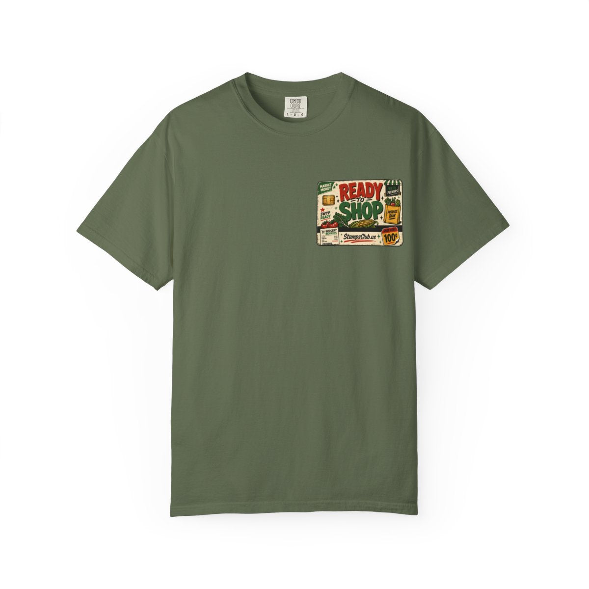 Ready Shop Card FarmersMarket Tee Sage front mockup