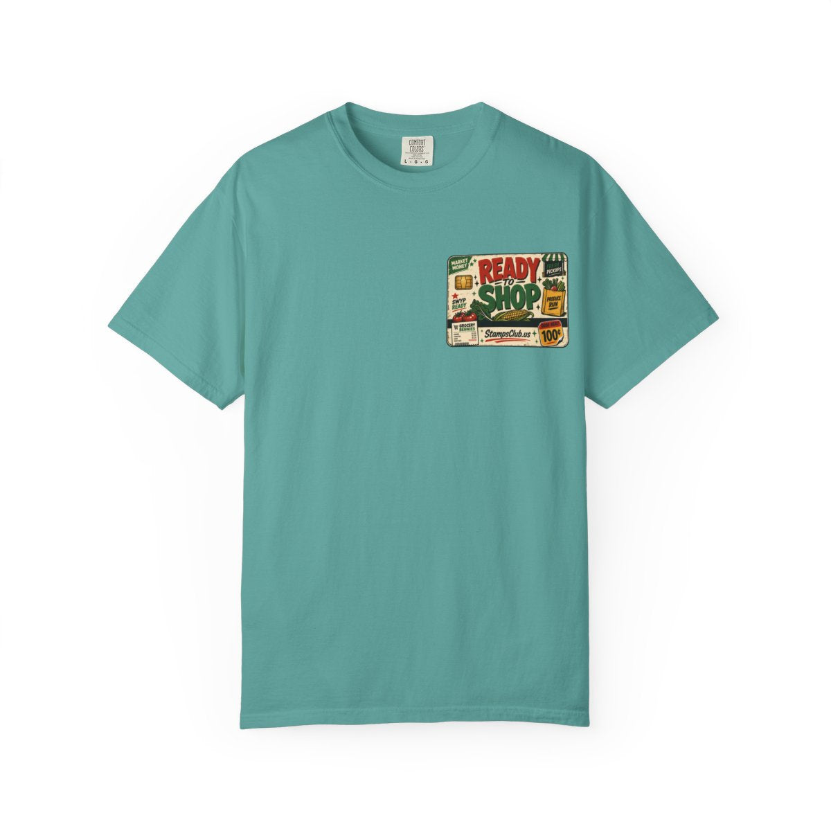 Ready Shop Card FarmersMarket Tee Seafoam front mockup