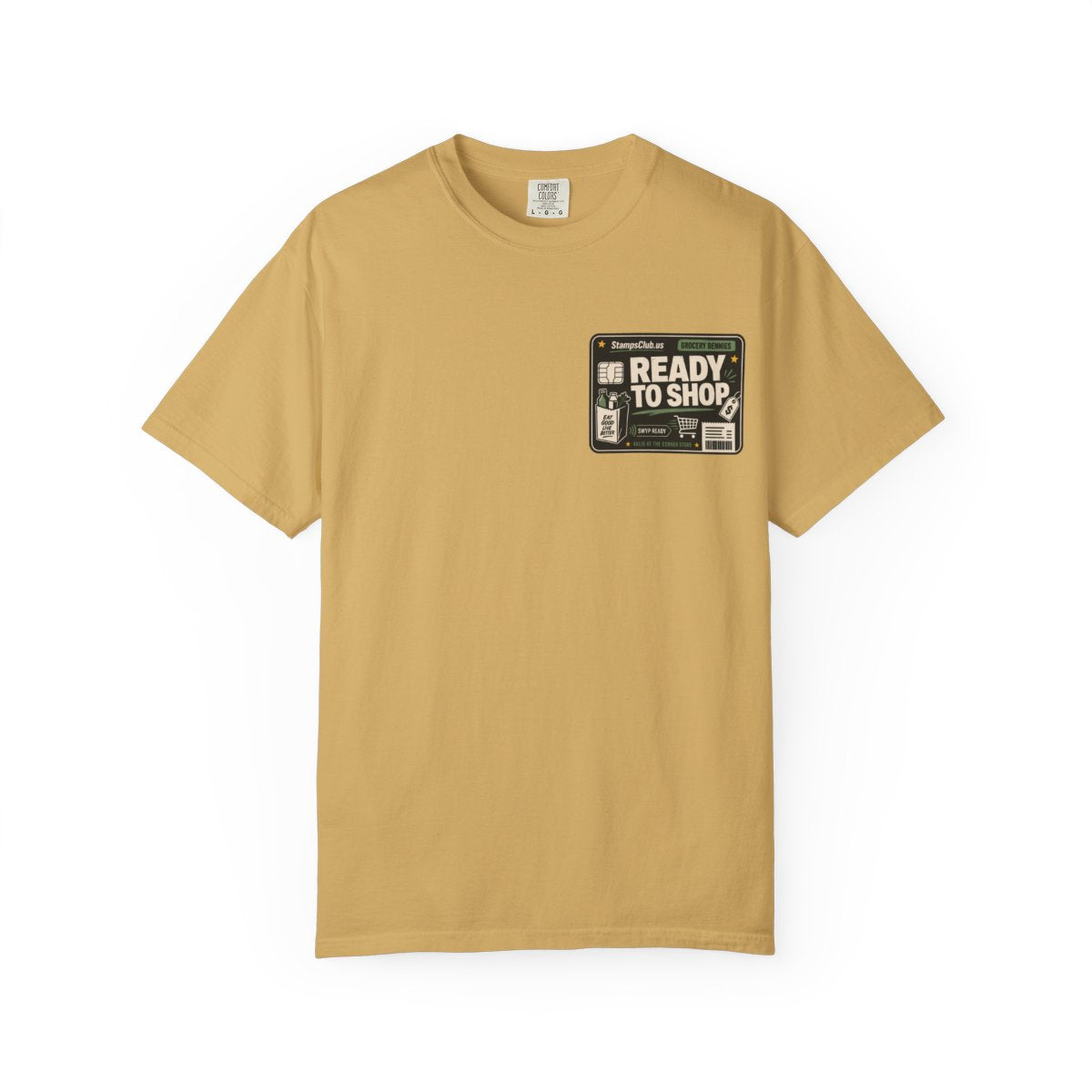 Ready Shop Card Minimalist Tee Mustard front mockup