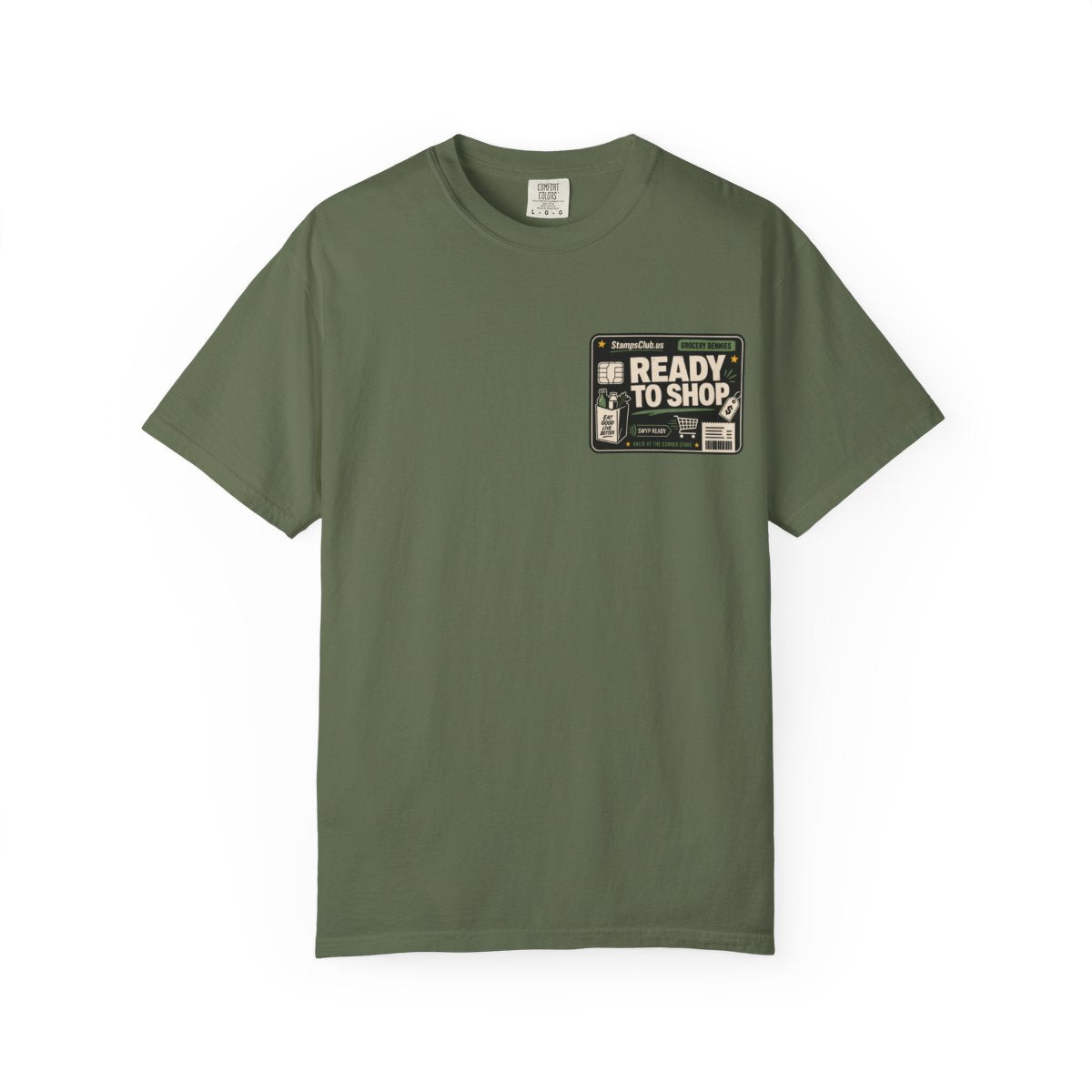 Ready Shop Card Minimalist Tee Sage front mockup