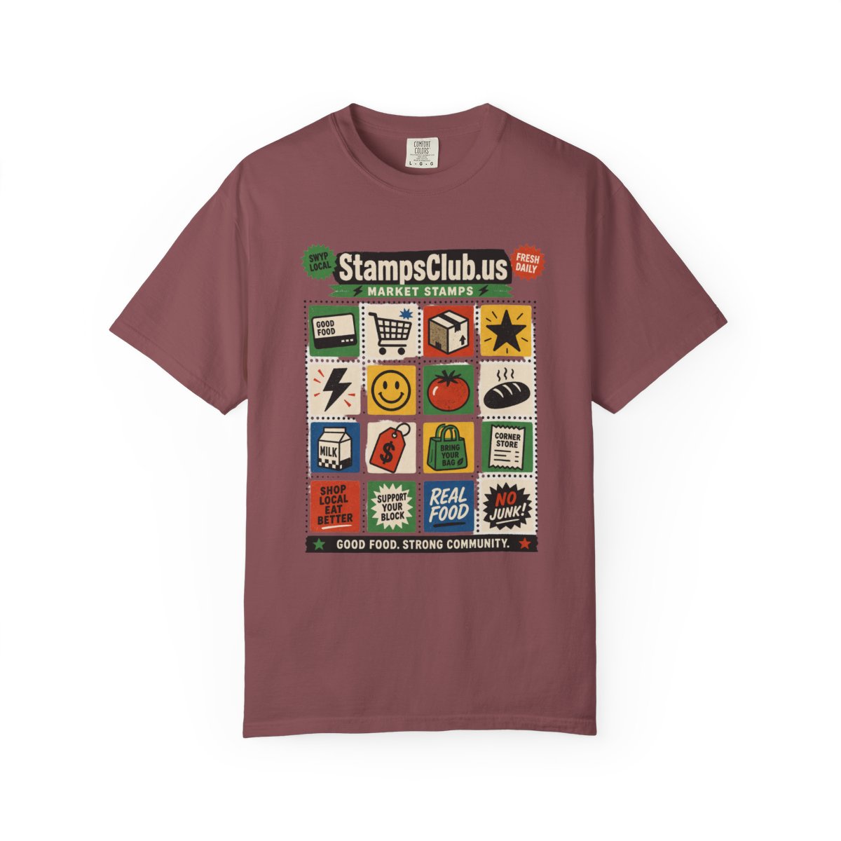 Stamp Sheet Grid FarmersMarket Tee Brick front mockup