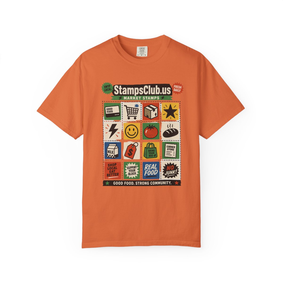 Stamp Sheet Grid FarmersMarket Tee Burnt Orange front mockup