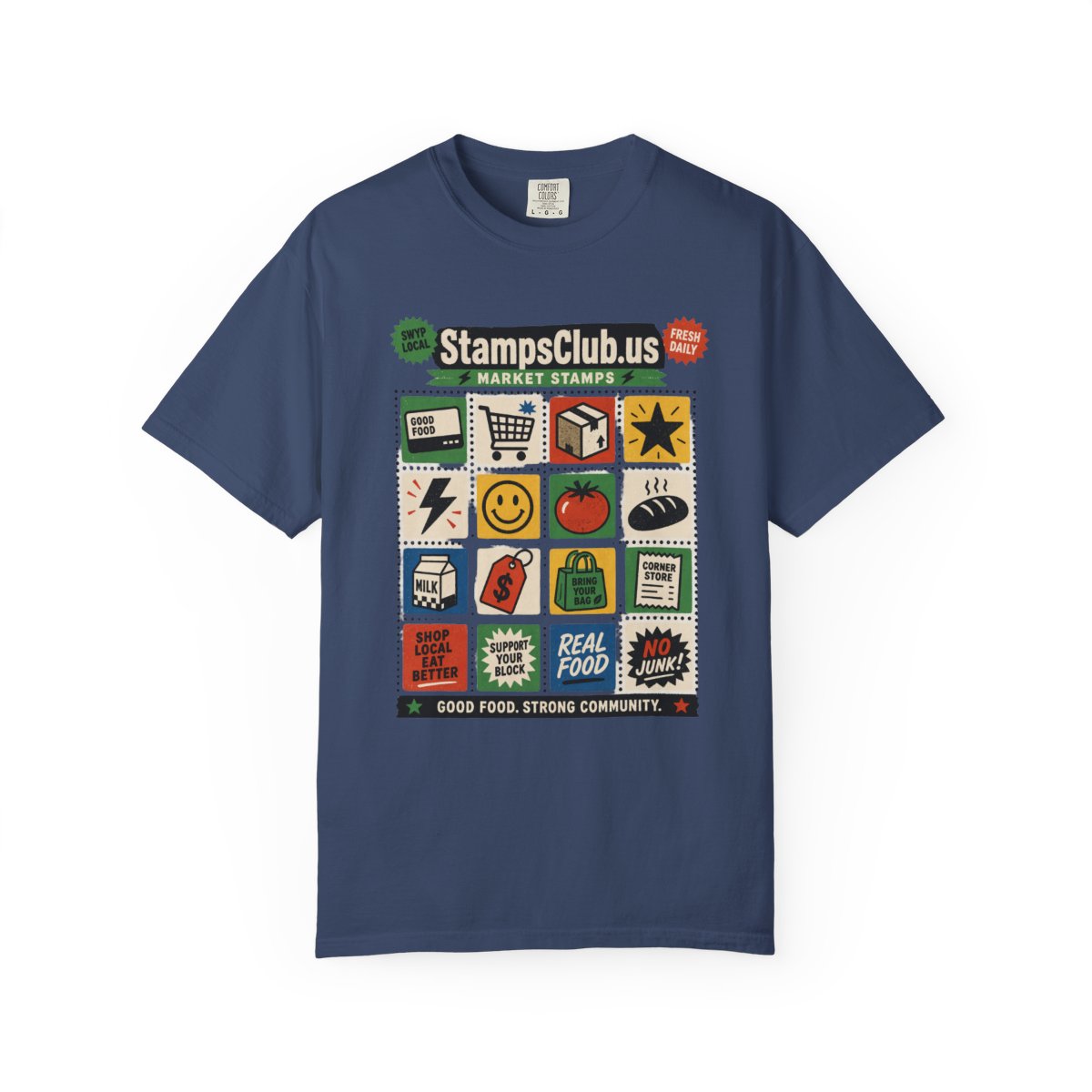 Stamp Sheet Grid FarmersMarket Tee China Blue front mockup