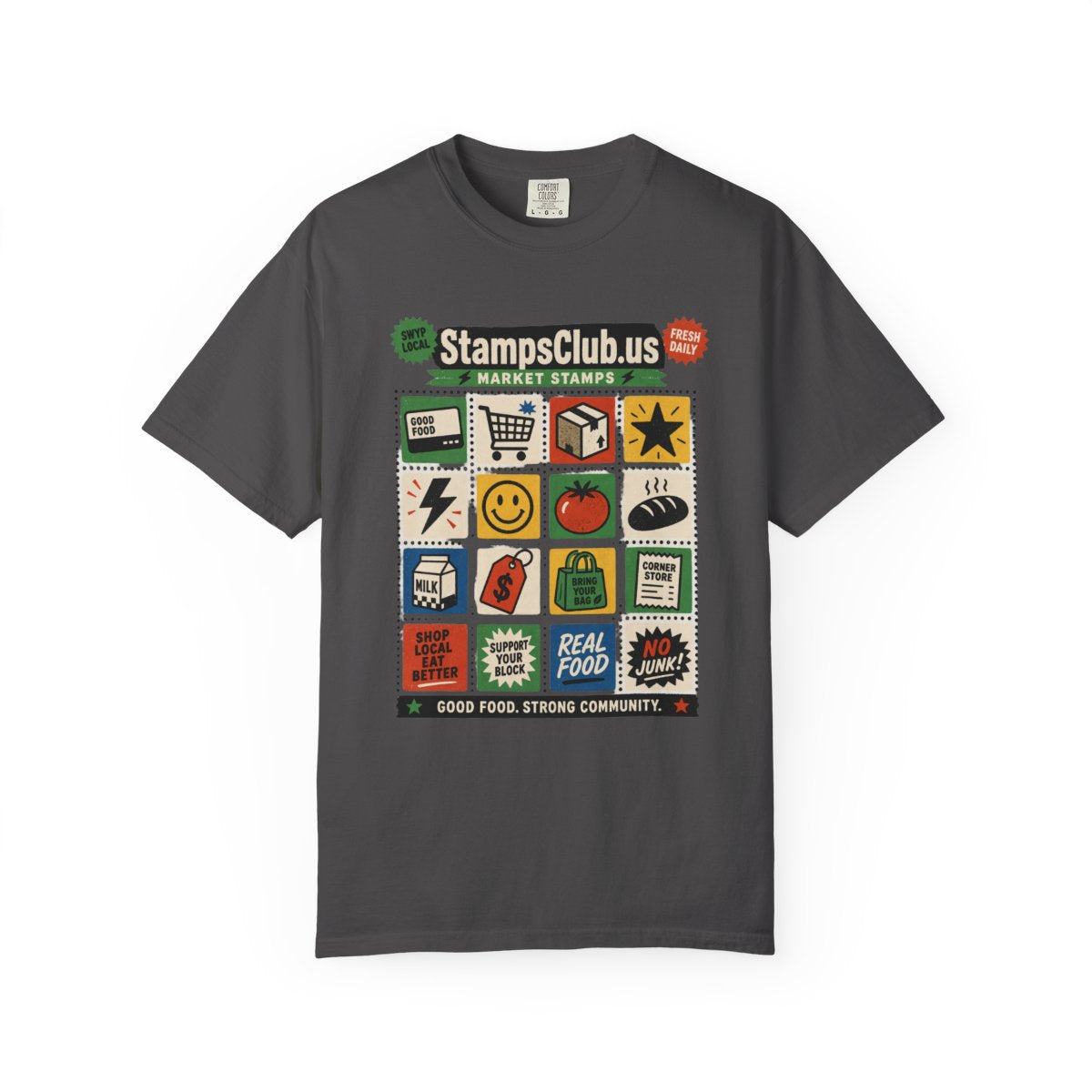 Stamp Sheet Grid FarmersMarket Tee Graphite front mockup