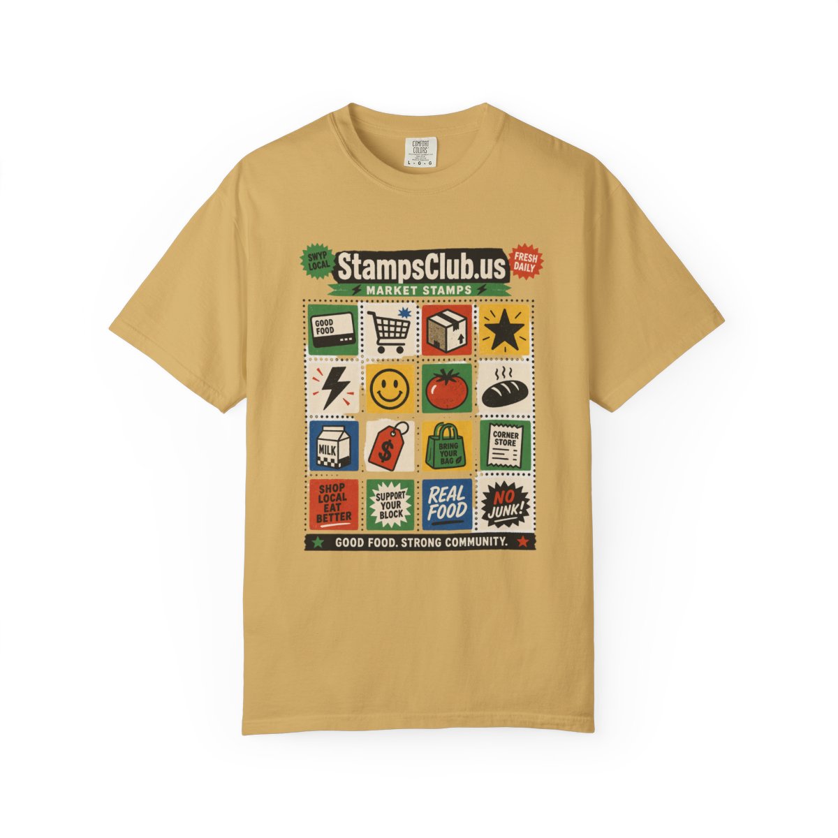 Stamp Sheet Grid FarmersMarket Tee Mustard front mockup