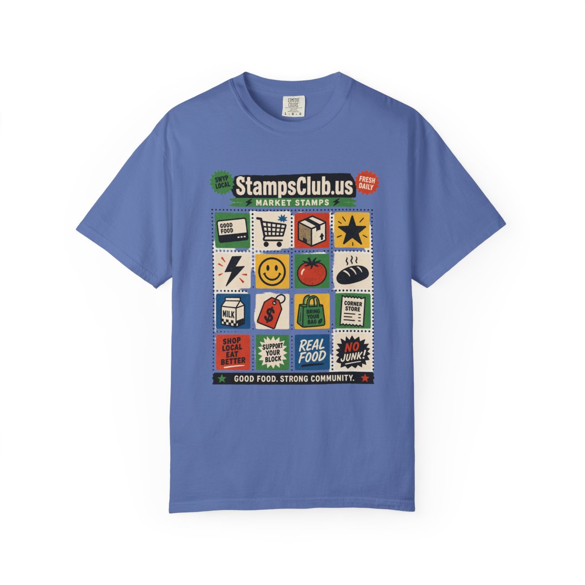 Stamp Sheet Grid FarmersMarket Tee Mystic Blue front mockup