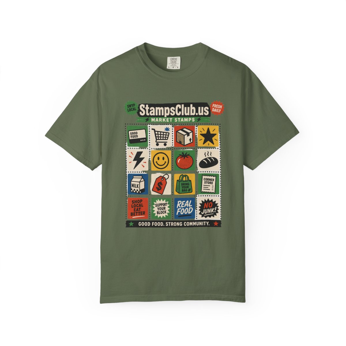 Stamp Sheet Grid FarmersMarket Tee Sage front mockup