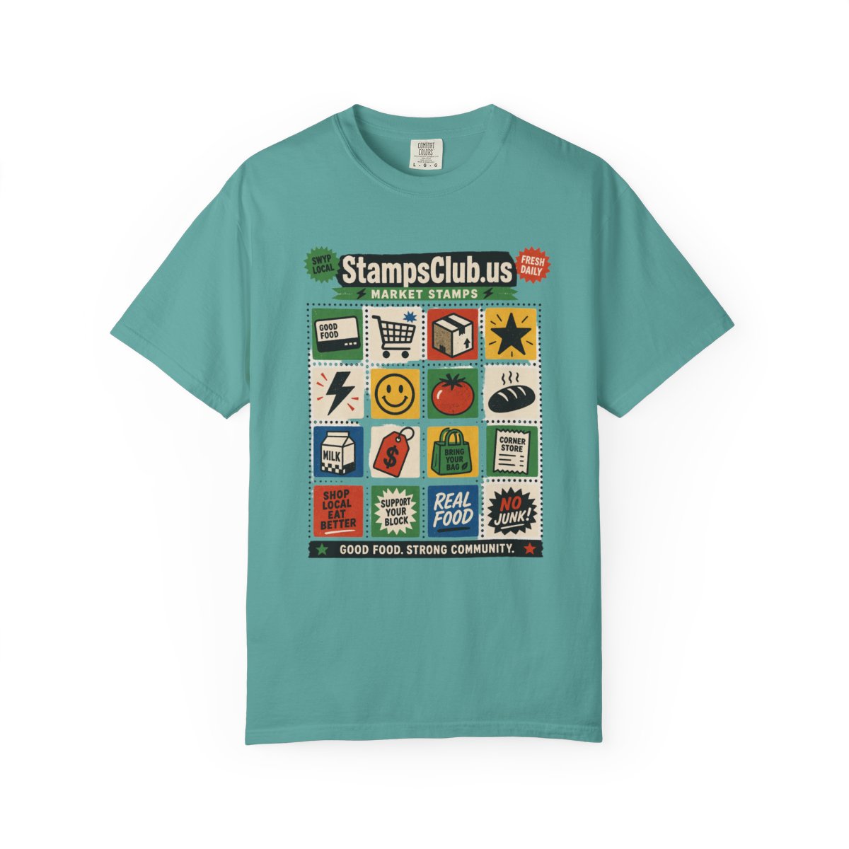 Stamp Sheet Grid FarmersMarket Tee Seafoam front mockup