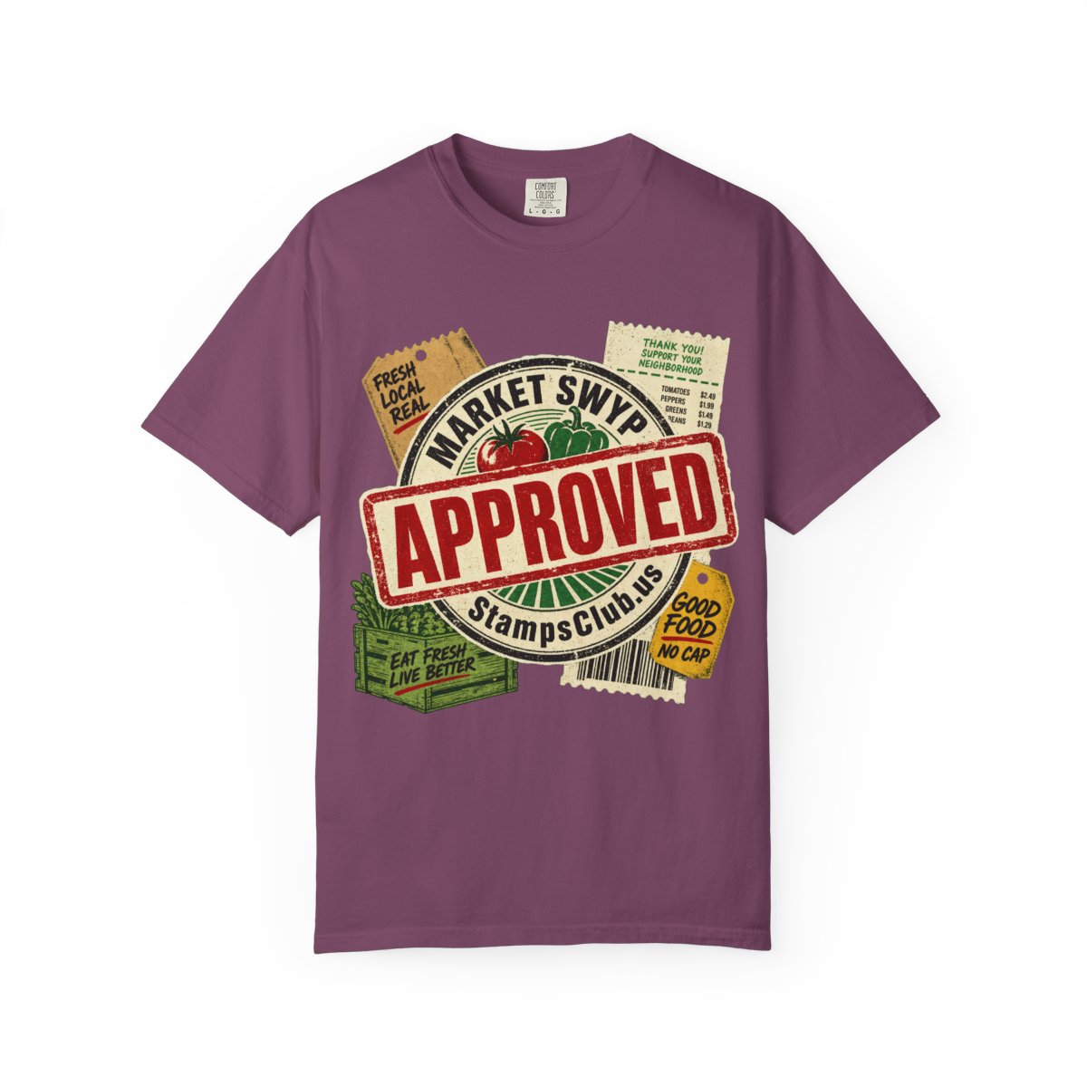 Stamped Approved FarmersMarket Tee Berry front mockup