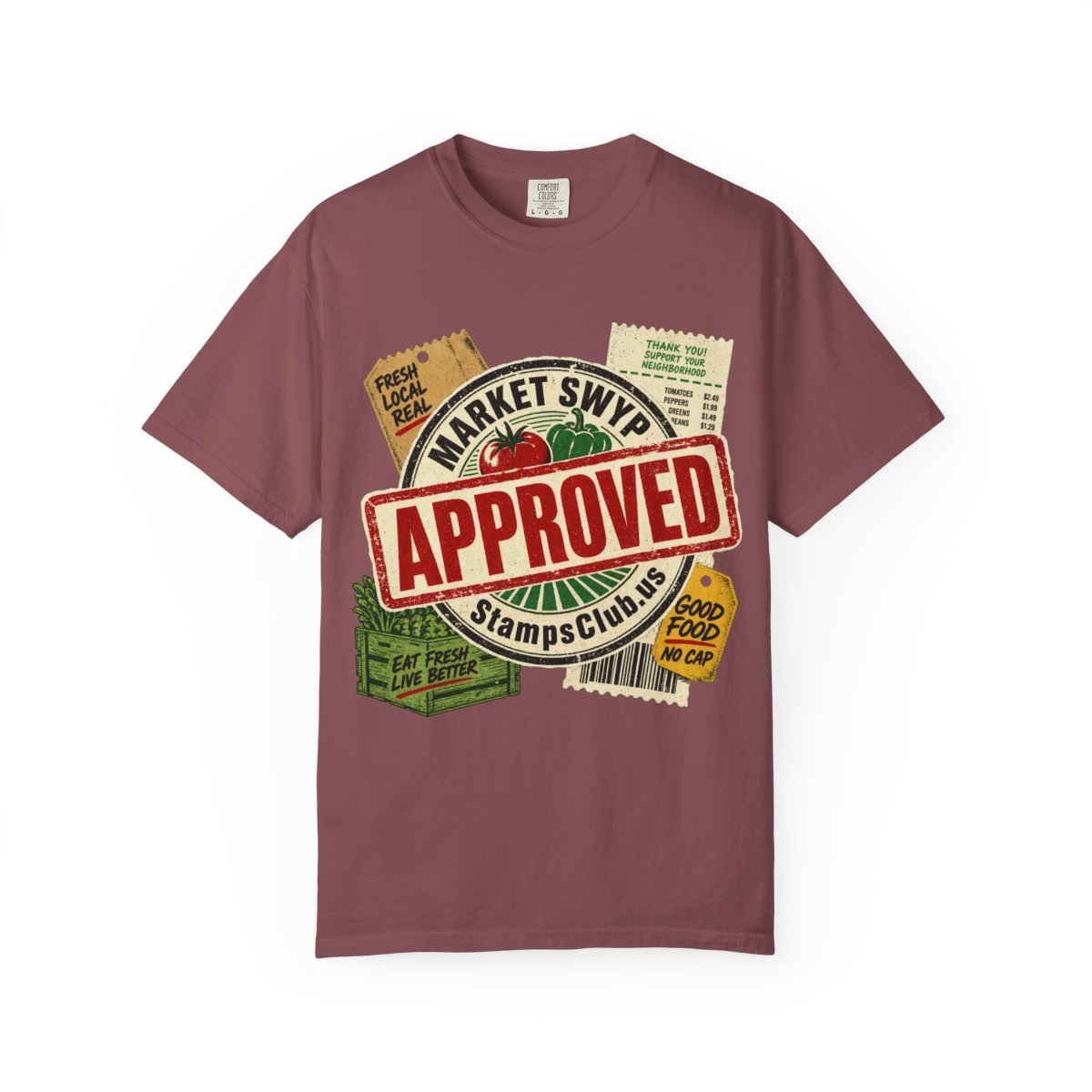 Stamped Approved FarmersMarket Tee Brick front mockup