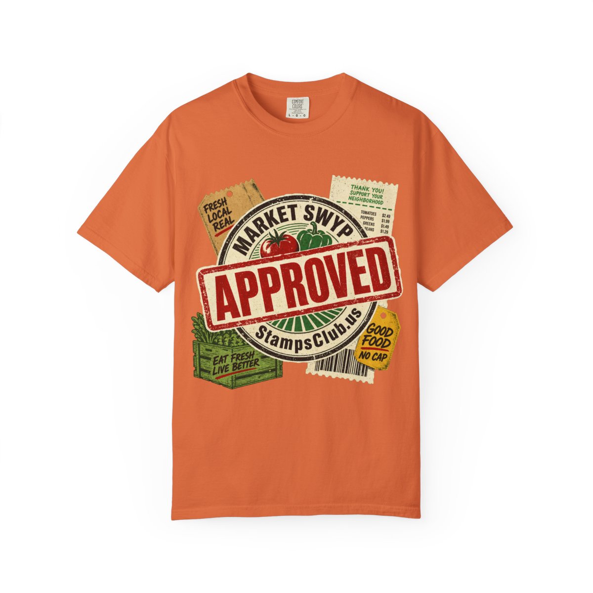Stamped Approved FarmersMarket Tee Burnt Orange front mockup