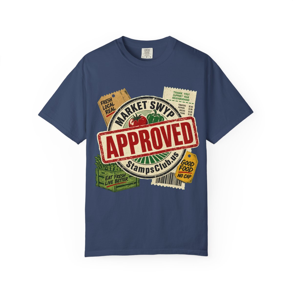 Stamped Approved FarmersMarket Tee China Blue front mockup