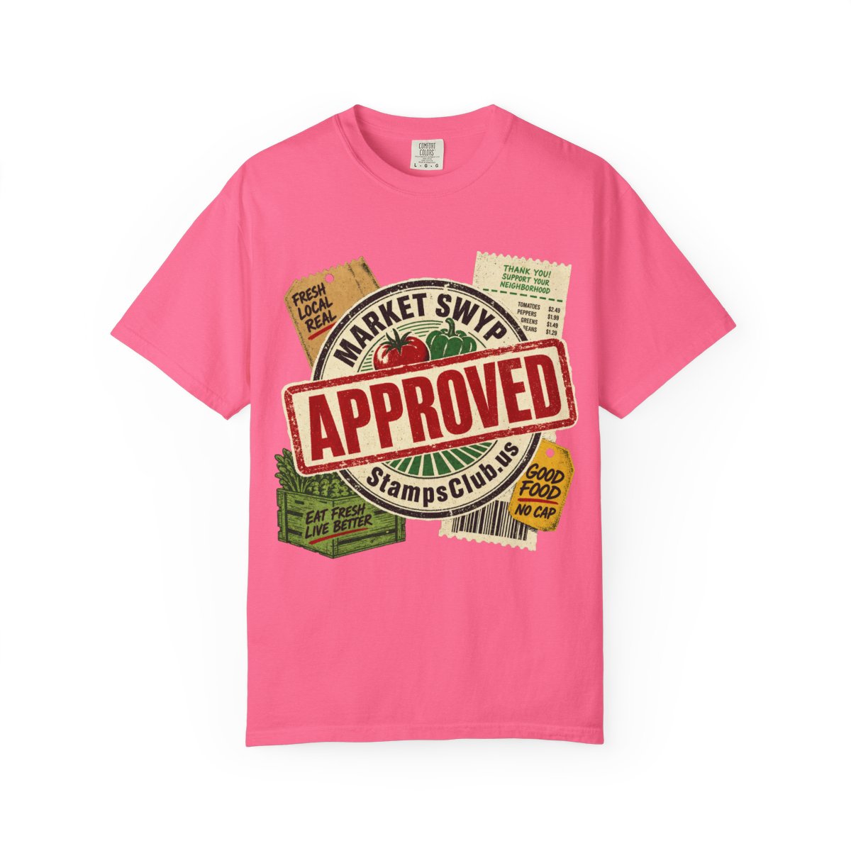 Stamped Approved FarmersMarket Tee Crunchberry front mockup