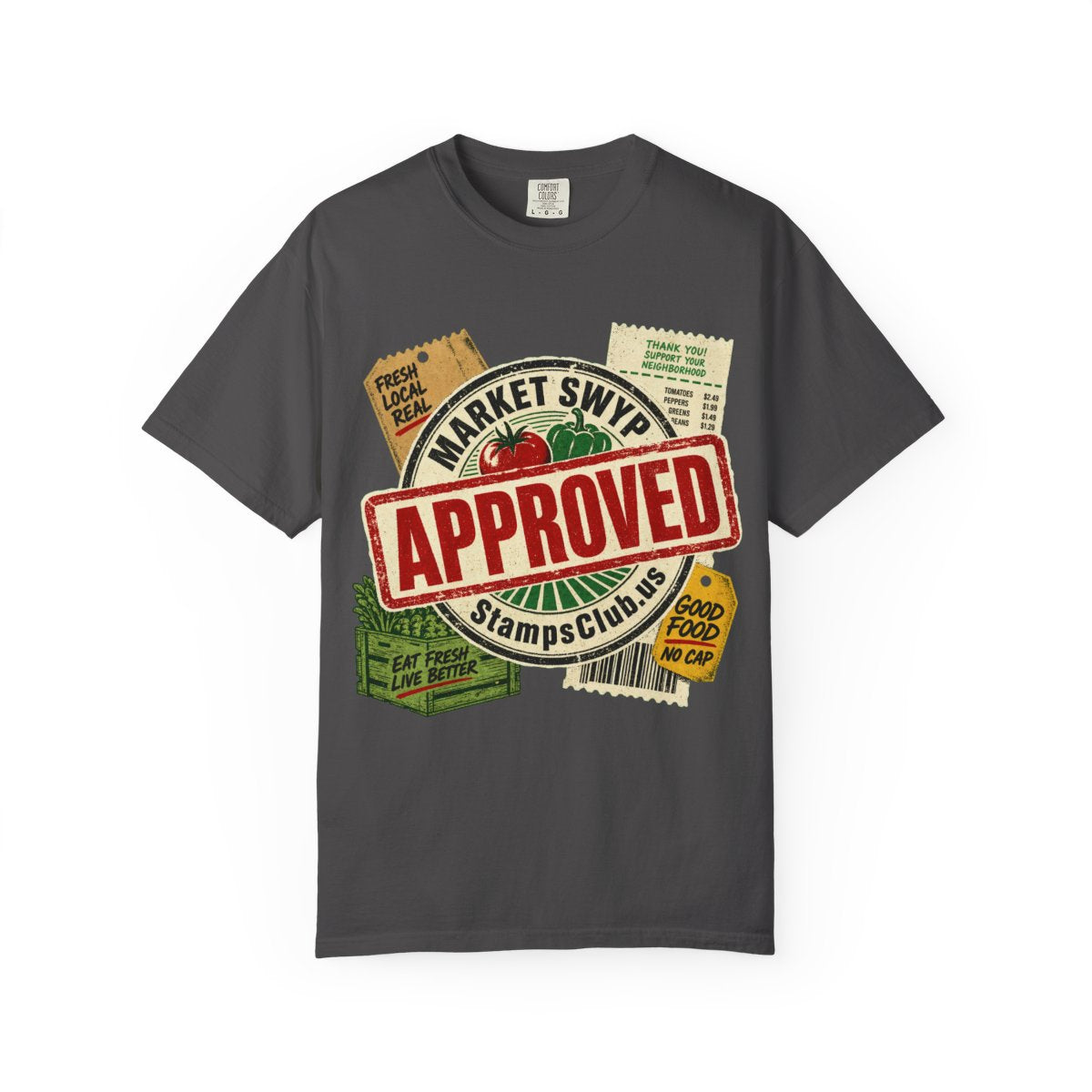 Stamped Approved FarmersMarket Tee Graphite front mockup