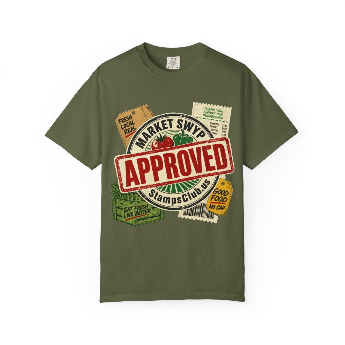Stamped Approved FarmersMarket Tee Hemp front mockup