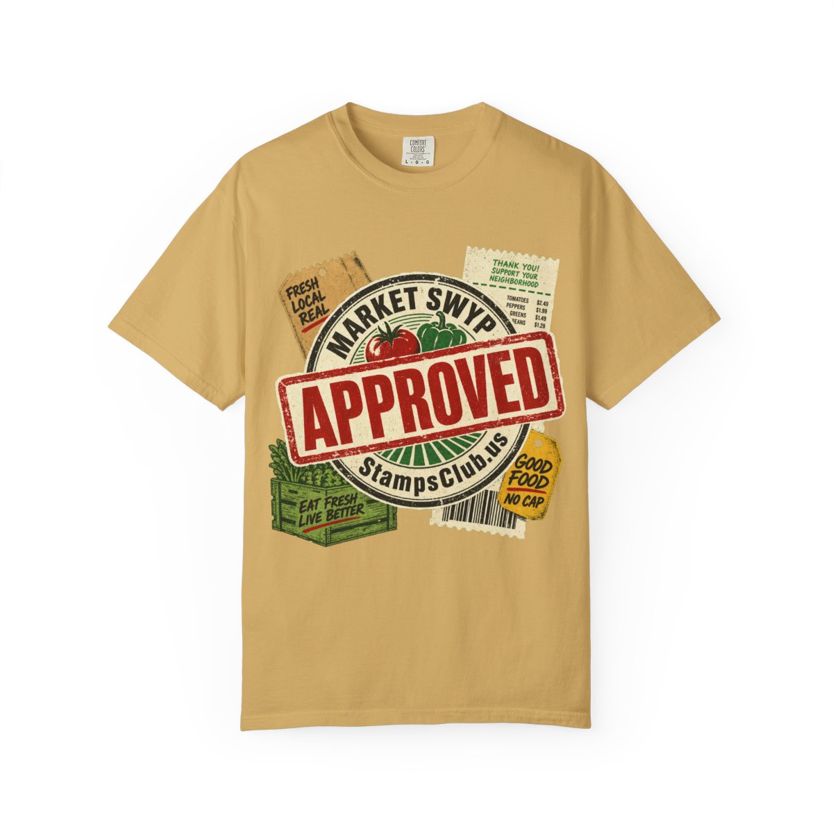 Stamped Approved FarmersMarket Tee Mustard front mockup