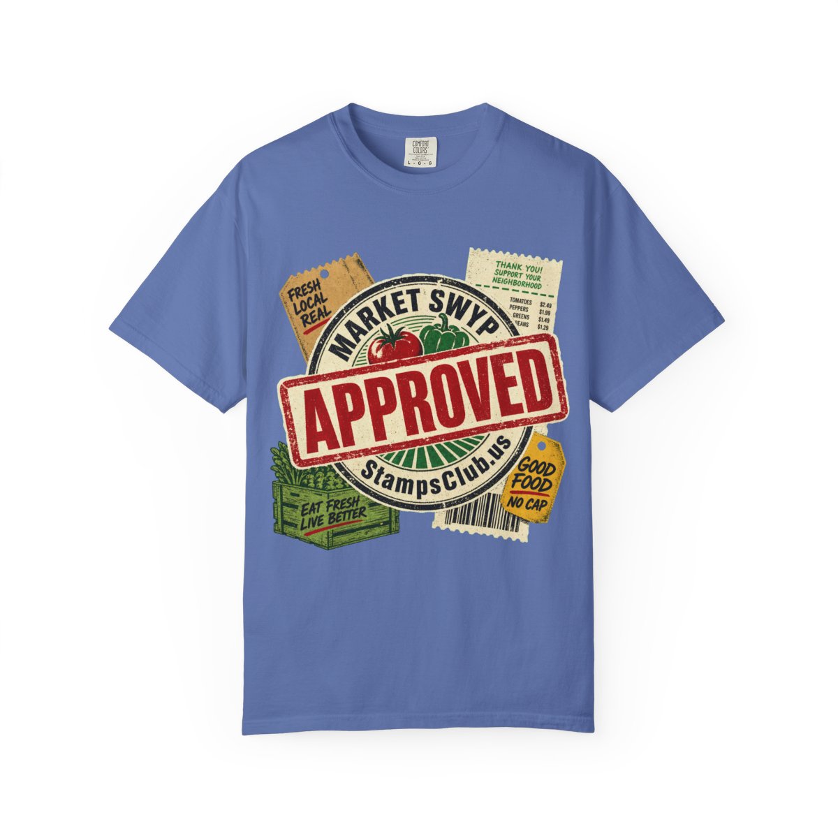 Stamped Approved FarmersMarket Tee Mystic Blue front mockup