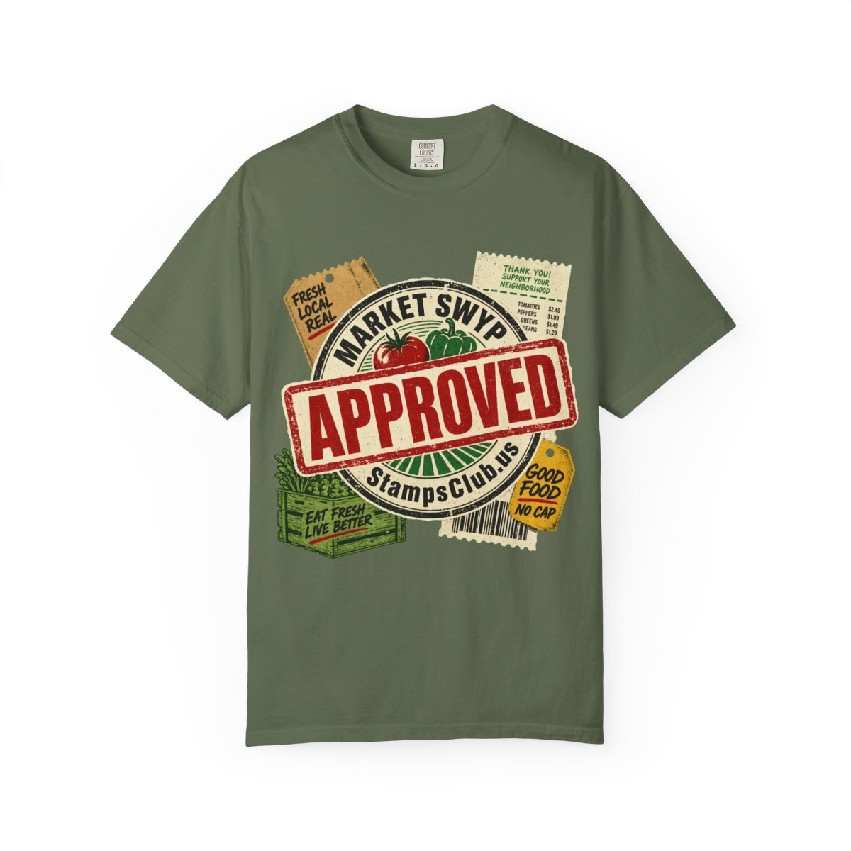 Stamped Approved FarmersMarket Tee Sage front mockup