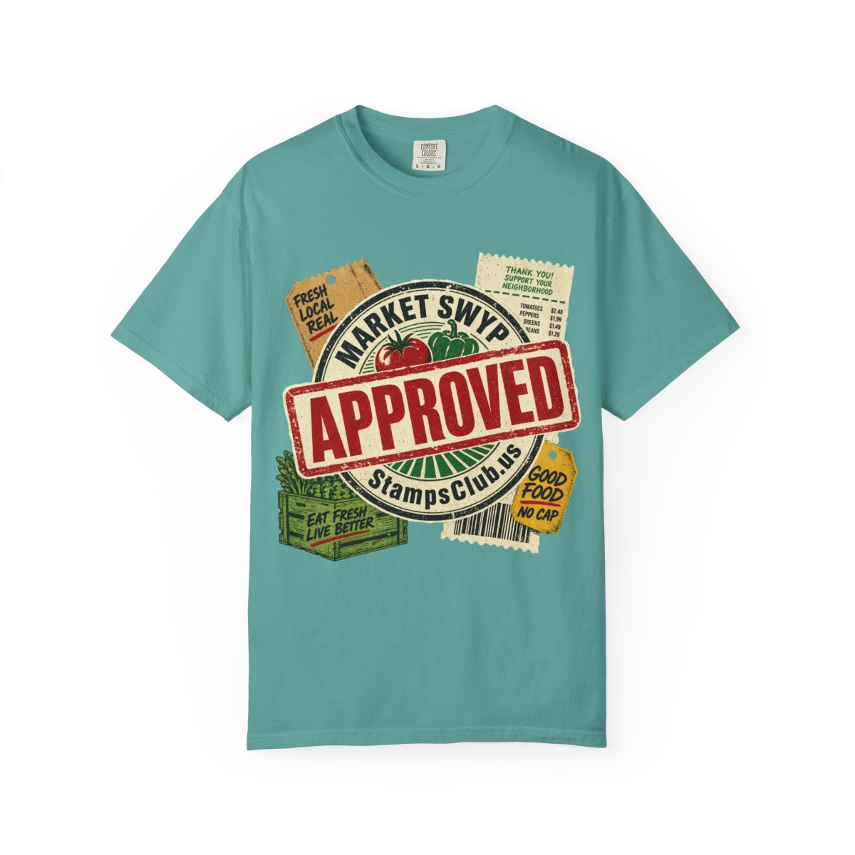 Stamped Approved FarmersMarket Tee Seafoam front mockup
