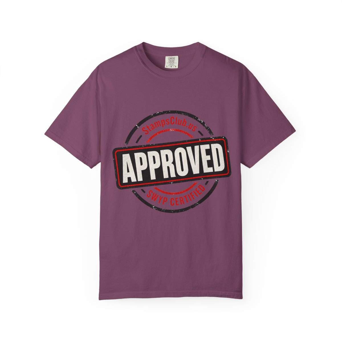 Stamped Approved Minimalist Tee Berry front mockup