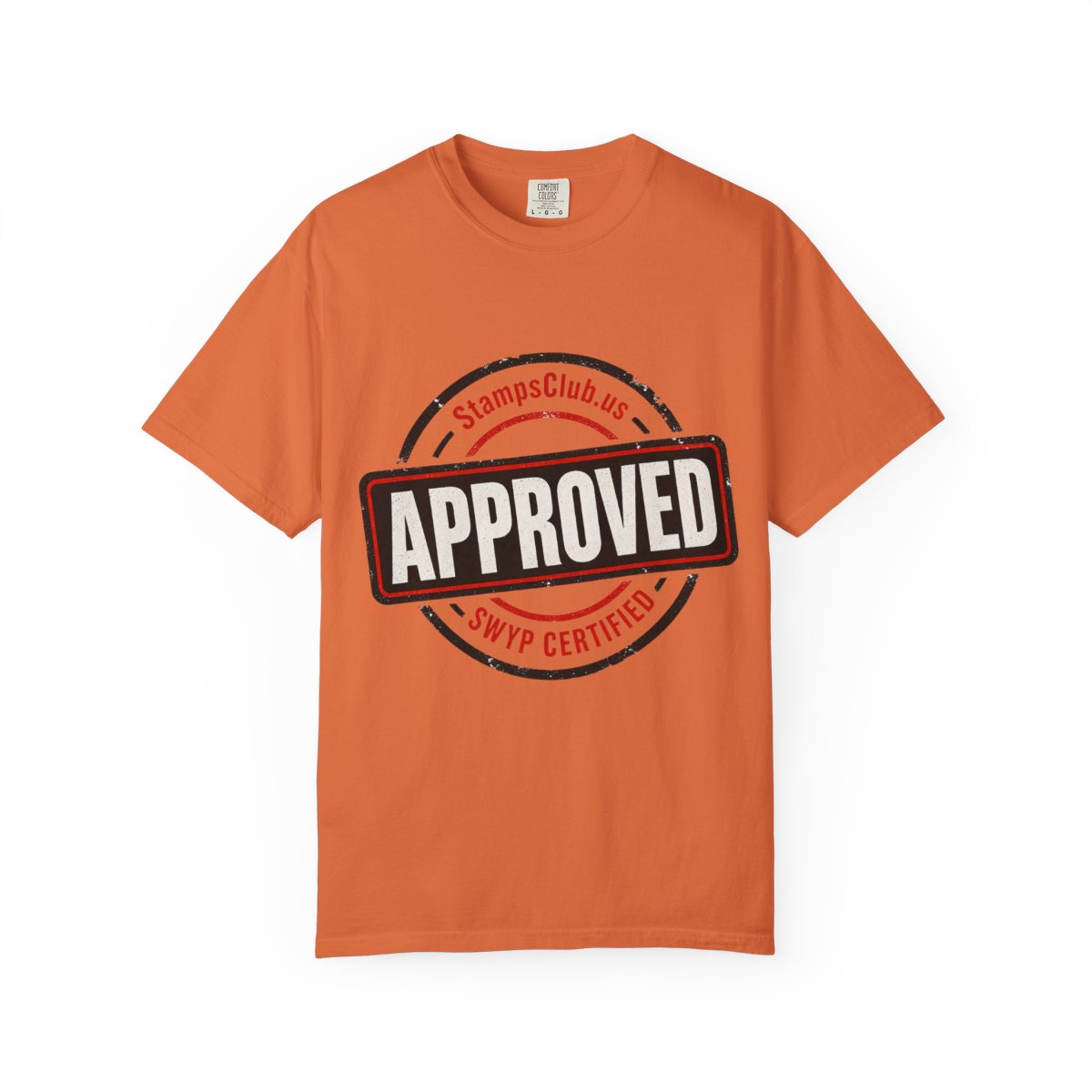 Stamped Approved Minimalist Tee Burnt Orange front mockup