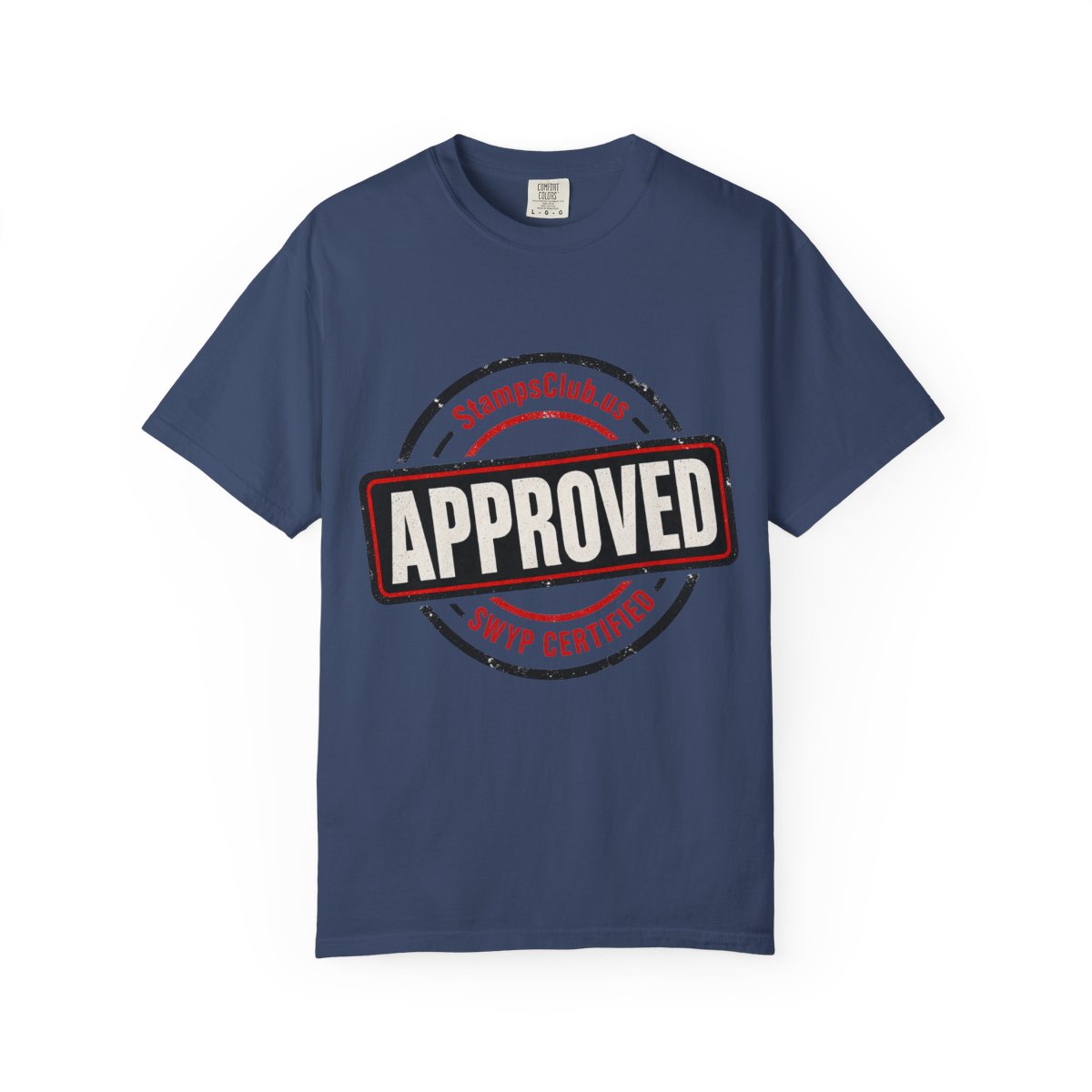 Stamped Approved Minimalist Tee China Blue front mockup
