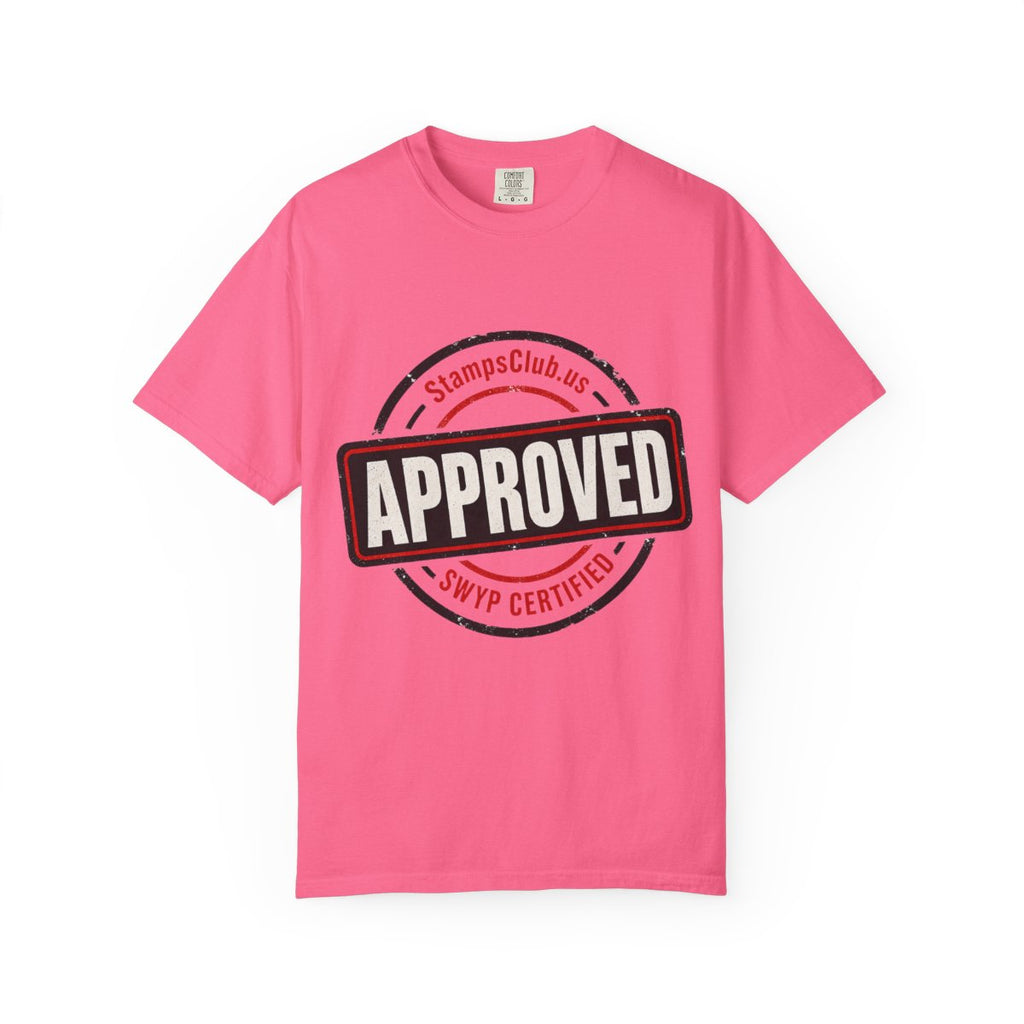 Stamped Approved Minimalist Tee Crunchberry front mockup