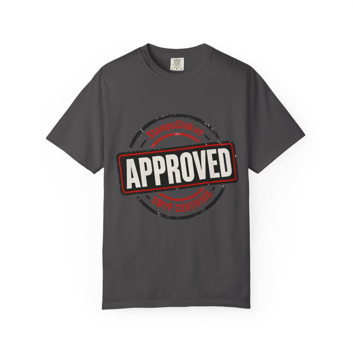 Stamped Approved Minimalist Tee Graphite front mockup