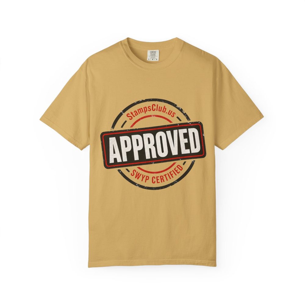 Stamped Approved Minimalist Tee Mustard front mockup