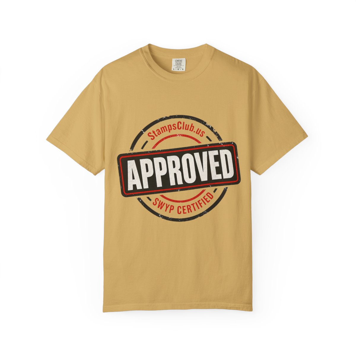 Stamped Approved Minimalist Tee Mustard front mockup