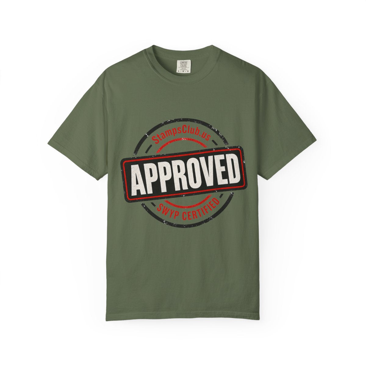 Stamped Approved Minimalist Tee Sage front mockup