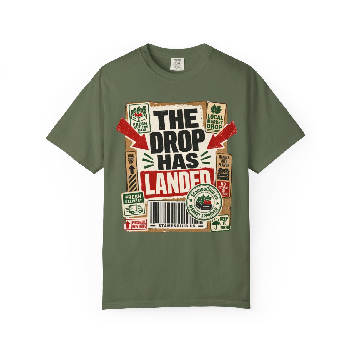 Drop Has Landed FarmersMarket Tee Sage front mockup