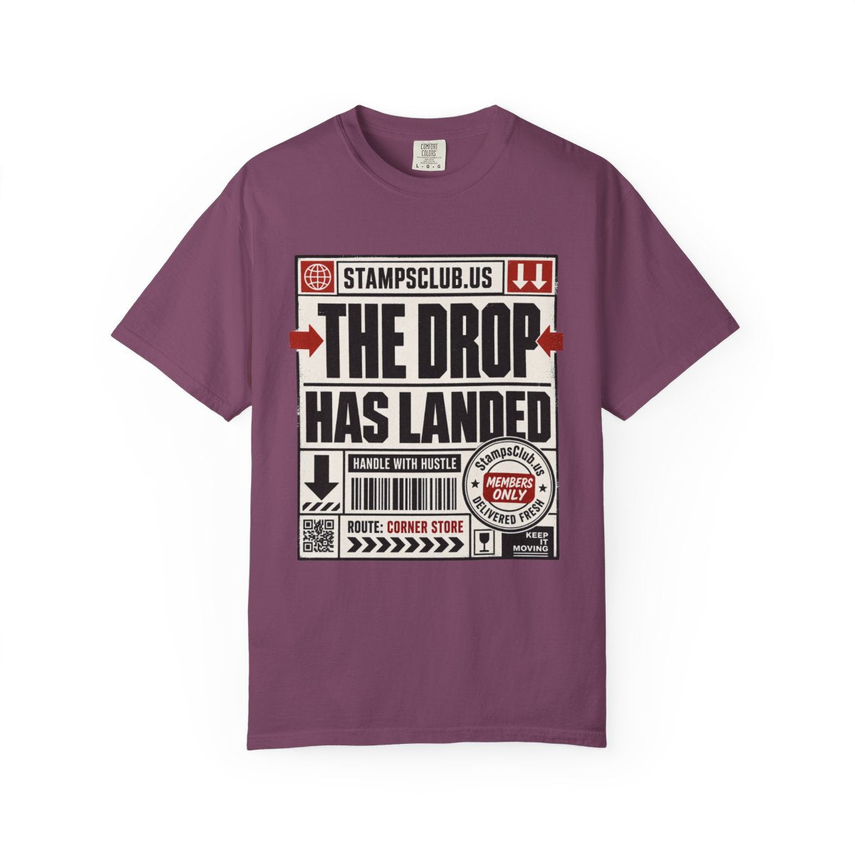 Drop Has Landed Minimalist Tee Berry front mockup