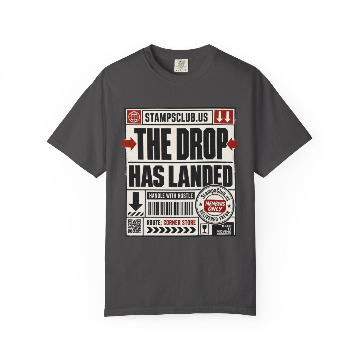 Drop Has Landed Minimalist Tee Graphite front mockup