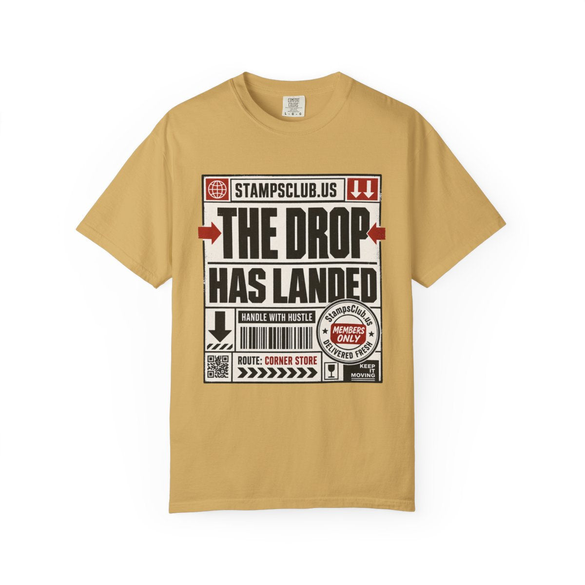 Drop Has Landed Minimalist Tee Mustard front mockup