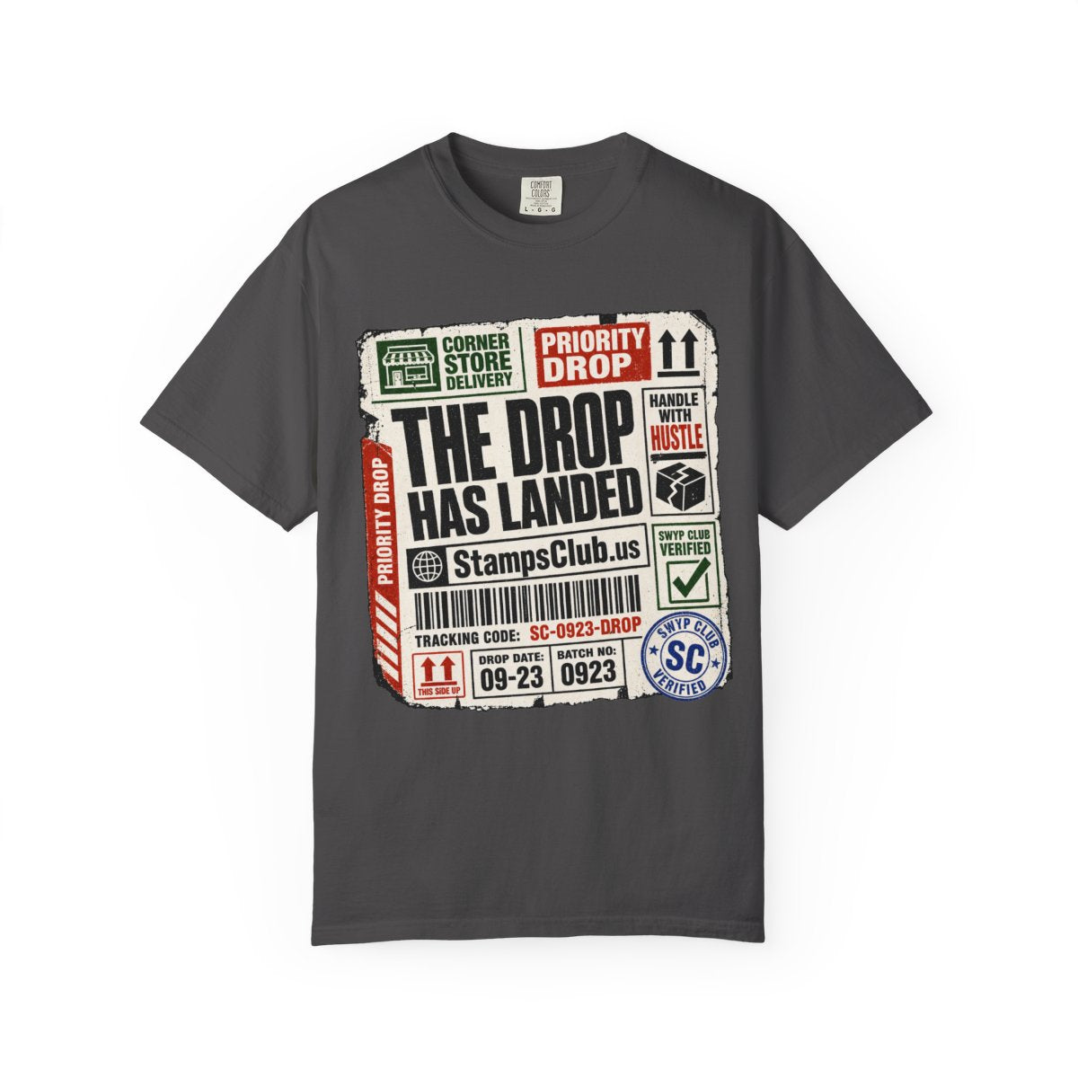 Drop Has Landed Streetwear Tee Graphite front mockup