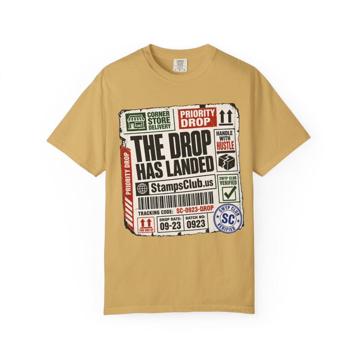 Drop Has Landed Streetwear Tee Mustard front mockup
