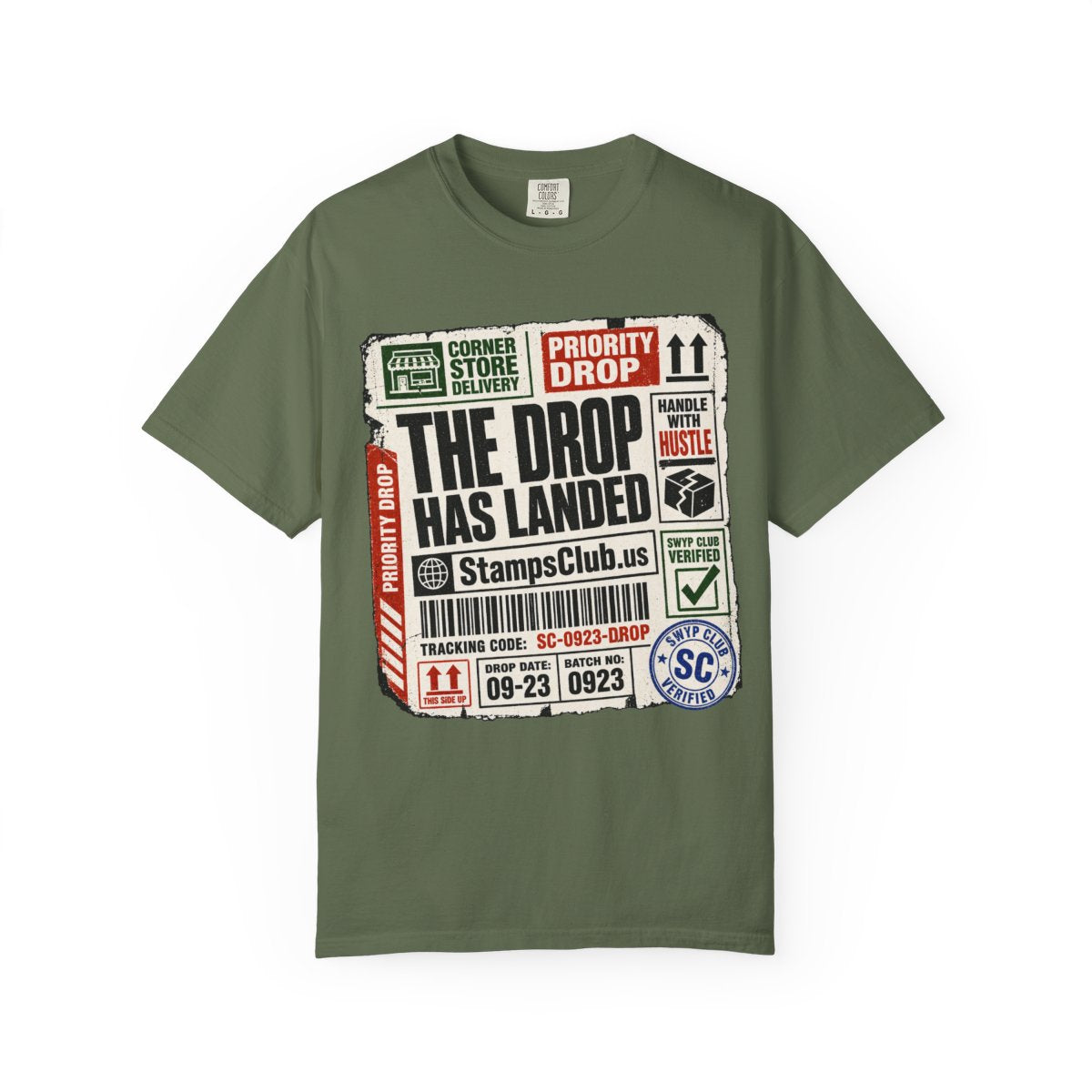 Drop Has Landed Streetwear Tee Sage front mockup